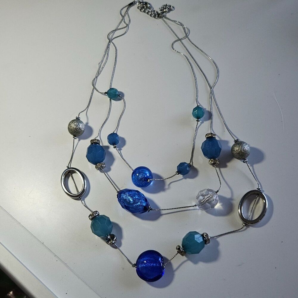 Silver Tone Layered Blue Beaded Necklace 22.5-25.5"
